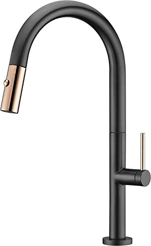 MIce - Grifo de cocina con teleducha - monomando fregadero extraíble Serie Samoa Negro Mate y Oro Rosa GCE017/NOR