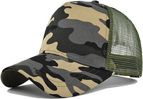Yixda Snapback Unisex Trucker Cap Herren Damen Verstellbar Mesh Baseballmütze Sport Kappe (Camo Khaki)