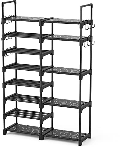 ROJASOP Shoe Rack Organizer, 8-Tier Metal Shoe Rack for Closet Entryway Garage, 26-32 Pairs Tall Shoe Boot Storage Shelf with 15 Hooks, Stackable Large Shoe Stand