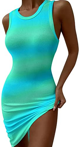 Vestido Mujeres con Escote en V Sexy Color Sólido Vestido sin Mangas de Moda Ajustado Fiesta Mini Vestido Bodycon Slim con Tirantes Espalda Descubierta Noche Playa Vacaciones Rockabilly(J Verde,L)