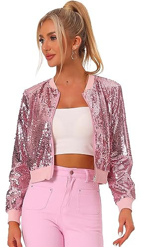 Allegra K Damen Bomberjacke Langarm Glitzer Pailletten Party Jacke Rosa S