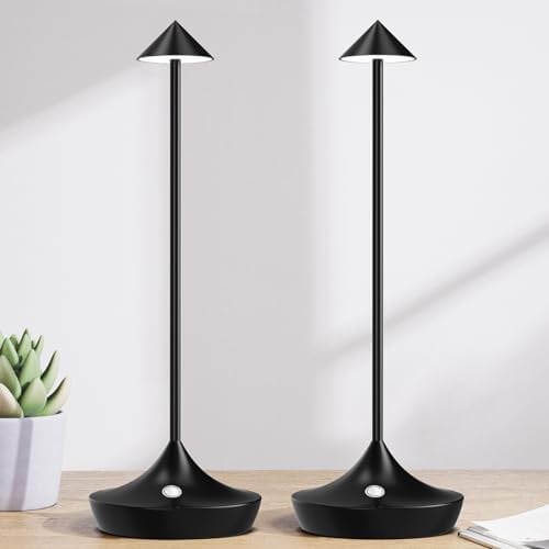 Hapfish Battery Operated Table Lamps for Living Room Set of 2, Rechargeable Cordless LED Desk Lights, Portable & Dimmable, Wireless Small Battery Powered Lamp for Outdoor Living Room Dining – Black