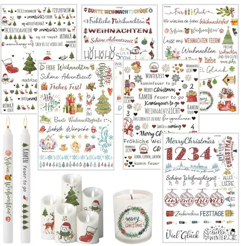 6 PCS Kerzen Tattoo Weihnachten,DIY Wasserschiebefolie Weihnachten Stabkerzen,Kerzentattoos Weihnachten Advent,A5 Tatoofolie für Kerzen,Kerzen Aufkleber Weihnachten,Kerzen Sticker Tattoo Weihnachten