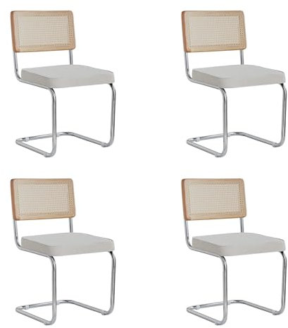 GrandCA HOME Modernes 4er-Set Esszimmerstühlen mit Rückenlehne aus Natürlichem Rohrgeflecht und Gestell aus Rostfreiem Chrom, Gepolsterte Rattan-Küchenstühle,Weiß