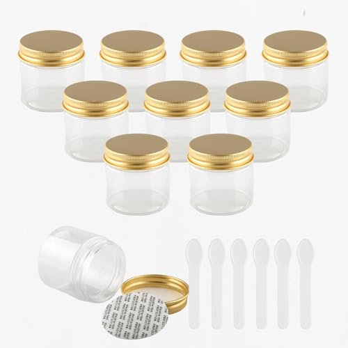 PQPAUTY 12 Pièces Vides Petit 50 ml Transparent Cosmétique Pot en Plastique avec Couvercle Or 50 g Pots de Cosmétique Crème de Bouteille Contenant avec 6x Spatules