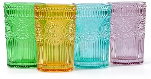 BIMUYI Glassware Tumblers, Vintage Embossed Drinking Glasses, Colored Water Cups, Set of 4, Capacity 370ml