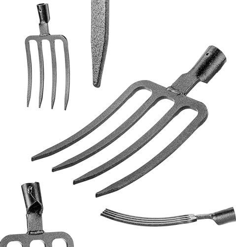 KADAX Forcella da giardino per scavare e allentare, forchetta da sepoltura senza gambo, forca per sepoltura in acciaio temprato, forcella leggera, forca, forca per vanga (nero, 4 denti)