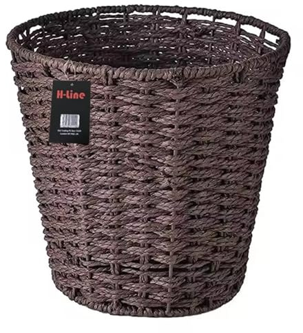 H-LINE Dark Brown Paper Rope Round Basket Storage Waste Paper Rubbish Bin Country Style Bathroom Bedroom Office