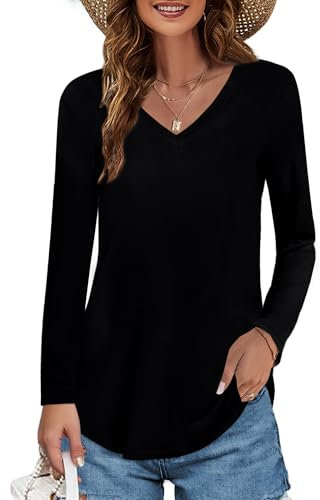 Elesomo Damen Longarmshirt V Ausschnitt T Shirt Baumwolle Oberteile Lang Tops, Schwarz XXL