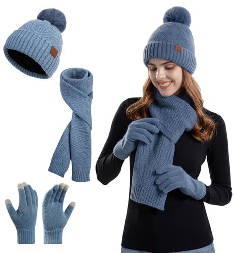 TAGVO 3 in 1 Set: Wintermütze, Schlauchschal und Handschuhe für Damen - Warme Beanie Mütze Mit Bommel, Fleece-Schals, Touchscreen-Handschuhe - Outdoor-Wärmer Laufmütze Halswärmer für Frauen