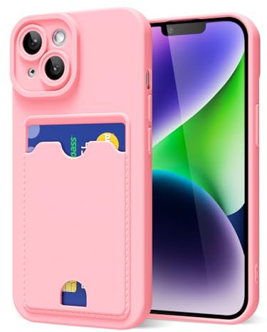 oakxco for iPhone 14 Case with Card Holder, Cute Silicone Wallet Phone Case with Credit Card Slot, Soft Rubber Thin Slim Purse for Women Men with Shockproof Camera Cover Protection, Light Pink