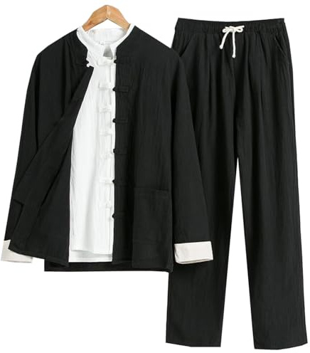 DAYKET Uniforme Tai Chi per Uomo, Set da 3 Pezzi,Tuta in Cotone e Lino per Arti Marziali, Abbigliamento Tradizionale Cinese per Kung Fu, Giacca a Maniche Lunghe, Camicia e Pantaloni,Black-L