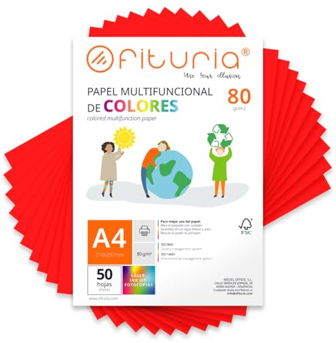 OFITURIA Buntes Papier, 50 Blatt A4 80g – Farbiges Papier für Basteln, Drucker, Scrapbooking – Farbbögen (Rot, 50 Blatt)