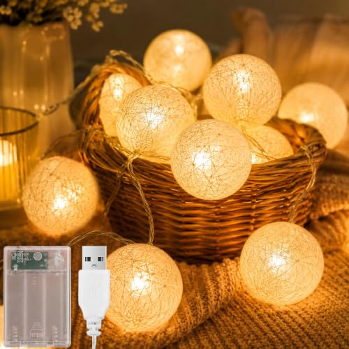 ALEGRE® Lichterkette Baumwollkugeln, 3M 20 LED Kugeln Lichterkette Batterie und USB, Cotton Ball Lichterketten Innen, Warmweiß Globe Lichterketten für Kinderzimmer, Hochzeit, Zimmer, Weihnachten Deko