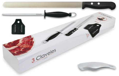 3 Claveles - Set Cuchillo Jamonero Alveolado Uniblock 29 cm, Chaira 20 cm y Pinzas Especiales para Emplatar Jamon + Regalo Cubre Jamon