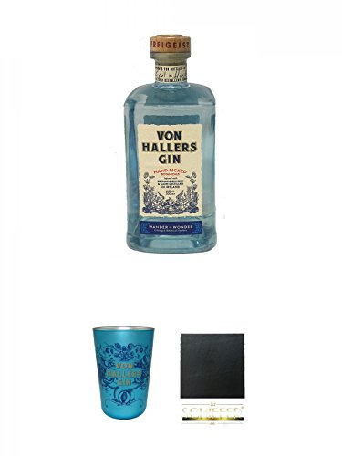 Von Hallers Gin 0,5 Liter + Von Hallers Gin Becher EDITION GÖTTINGEN aus Kristallglas 1 Stück + Schiefer Glasuntersetzer eckig ca. 9,5 cm Durchmesser