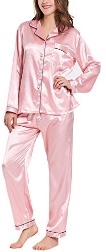 Ladieshow Femme Ensemble De Pyjamas Satin 2 Pcs Vêtements de Nuit Manche Longue Sleepwear