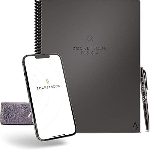 Rocketbook Fusion Wiederverwendbares Notizbuch, Smart Notepad A4 Grau, 7 Layouts, To Do Listen, Daily Bullet Journal, Monats- oder Wochenübersicht, inklusive Pilot FriXion Stift, Reduziert Papiermüll