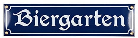 Sosenco Biergarten Schild - 10x40 cm - Keramik Emaille - Wetterfest - Oktoberfest Schild – Deko Blechschild – Emailleschild – Emailschild (Blau)