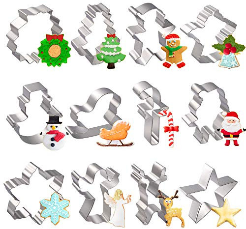 Christmas Cookie Cutter Set, Joyoldelf 12 Piece Christmas Biscuit Cutters Stainless Steel - Gingerbread Man, Christmas Tree, Reindeer, Santa, Snowflake, Snowman, Star and More Shapes for DIY Baking