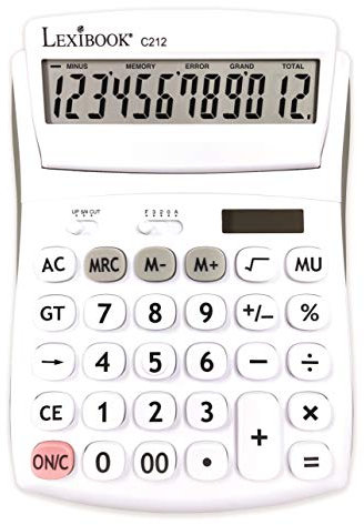 Lexibook - 12-stelliger Bürotaschenrechner mit Geneigter Bildschirm - Grund- und Speicherfunktion - Große Tasten und Bildschirm für Büro, Schule, Zuhause - Solar & Batterien - Weiß/Grau - C212