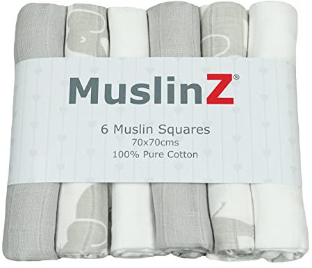 MuslinZ, Mulltücher für Babys, Spucktücher für Babys, 6 Stück, groß, 70 x 70 cm, für Jungen, Mädchen, Uni-Optionen, Baumwolle, saugfähig und atmungsaktiv, vielseitig verwendbar, für Neugeborene