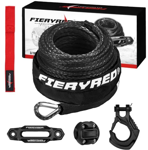 FIERYRED Synthetisches Seilwinde, 0,9 cm x 15,2 m – 8200 Ibs Seilwinde, Seilseil mit Windenstopper & Winde Haken & Winde Fairleads für Allradfahrzeuge, ATV, UTV, SUV (schwarz)