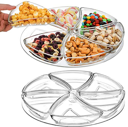 ZEAYEA 2 Pack Snack Serving Tray, 12 Clear Plastic Divided Appetizer Tray for Relish Dishes, 6 Compartments Removable Serving Dishes for Party, Veggies, Nuts, Fruits, Candy, Cookies, Chip and Dip