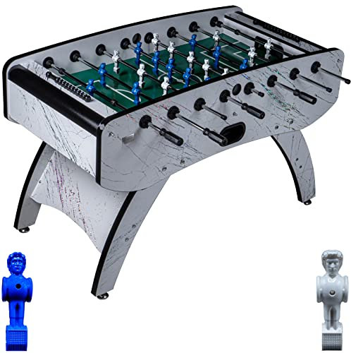 RAMROXX Fußball Tischkicker Premium Weiß grünes Spielfeld Figuren Blau Weiss 80kg