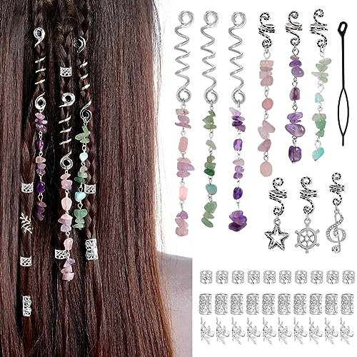 hoyuwak Haarschmuck für Zöpfe, natürliche Kristallsteine, Haar-Zubehör, Metall-Haaranhänger, silberfarbene Loc-Dreadlock-Haarspiralen, Manschetten, Ringe für Frauen und Mädchen, Frisuren-Dekoration,