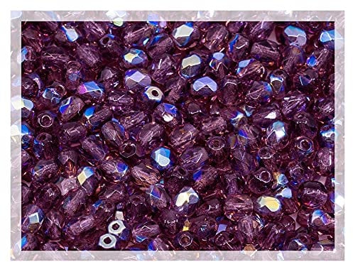100pcs of Faceted Fire Polished Pressed Czech Glass Beads 4mm (0.16in), Amethyst AB Violet Purple 20060-28701 BCV