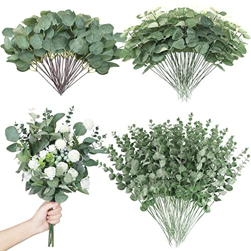 Giegxin 180 Stück 3 Arten gemischte Eukalyptusblätter, Stiele, Großpackung, künstliche Silber-Dollarblätter, getrockneter Eukalyptus, Kunstspray für Hochzeitsvase, Blumenstrauß, Blumenarrangement