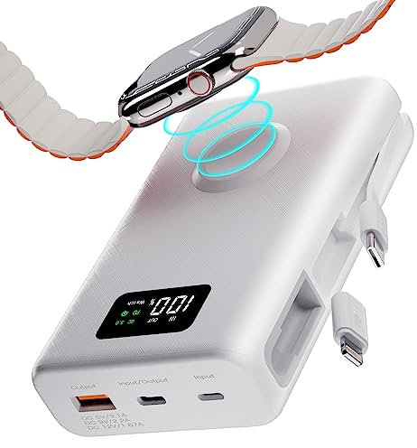 pzoz Tragbare Powerbank, 20.000 mAh, Powerbank mit magnetischem kabellosem Ladegerät für Apple Watch, USB Typ C PD, Schnellladekabel, Reisen, hohe Kapazität, kompatibel mit iWatch iPhone 17, 16, 15