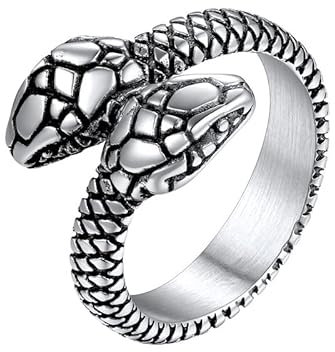 U7 Edelstahl Damen Silber Zweiköpfige Python-Ring Gothic Schlangenring Vintage Retro Statement Ring Cool Hip Hop Roker Ringe Fingerring Modeschmuck für Männer Jungen(Ring Größe 62.5)