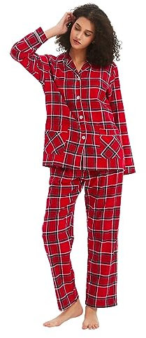 kolipajam Pyjama d'hiver en flanelle 100 % coton teint en fil de coton pour femme, Plaid rouge et blanc, Large