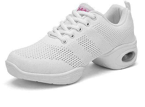 SECHRITE Jazzschuhe Damen Jazz Schuhe Tanzschuhe Tanzsneaker Modern Mesh Geteilte Sohle Lace Up Luftkissen Schuhe Sportlich Fitness Wanderschuhe Weiß 41 EU