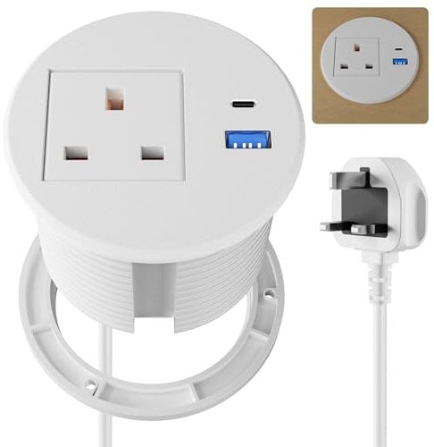 Power Strip USB C PD20W, Desk Socket With USB, Power Grommet 80MM, Recessed Socket Extension Lead 2M Cord, White