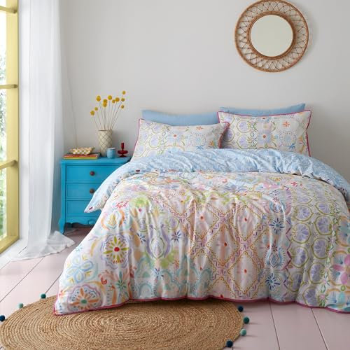 Appletree Rainbow Paisley Duvet Cover - King Size (230 x 220cm) - Soft 100% Cotton - 2 Pillowcases - Pink Piped Edge - Botanical Flower Bedding in Multi-Colours - Pastel Bohemian