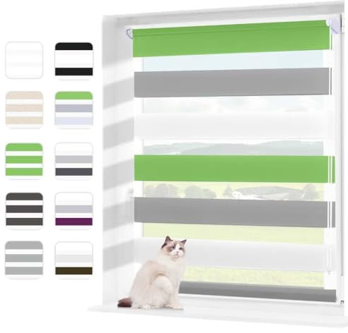 Wudomi Doppelrollo Klemmfix ohne Bohren Grün-Grau-Weiß 110x120cm(BxH),Lichtdurchlässig und Verdunkelnd Duo Rollo,Klemmrollo Seitenzugrollo für Schlafzimmer, Badezimmer, Wohnzimmer Fenster und Tür