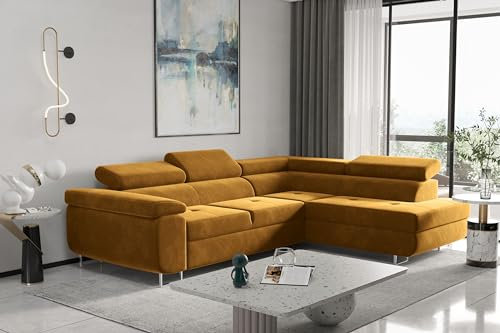 Kaiser Möbel, Ecksofa mit schlaffunktion, mit Bettkasten, Schlafsofa Atom Lux, Designer Sofa, Modern Design Couch, Polsterecke, Freistehend, Stoff Monolith Klasse A, Senffarbe Rechts