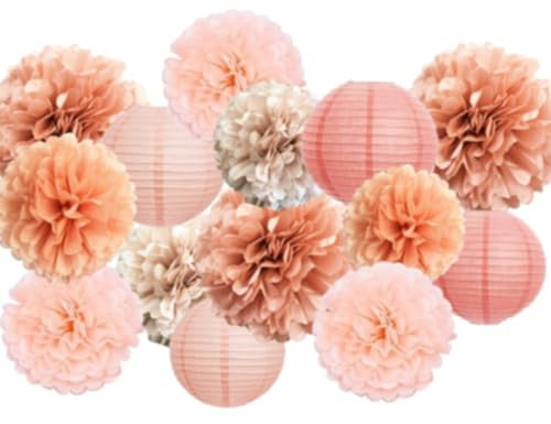 Hanging Party Decorations - Tissue Paper pom poms and lanterns Backdrop Decor for Engagement Wedding Birthday Bridal Shower Bachelorette (Rose gold)