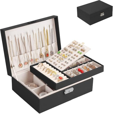 oolhrzxv Jewellery Box for Women 2 Layers Large Jewellery Organiser Box PU Leather, Travel Jewellery Organiser with Removable Tray, for Earrings Rings Necklaces Watches Bracelets (black)