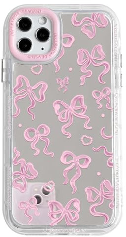 NITITOP Compatible with iPhone 12 Pro Max Case Cute Mirror Bow Love Heart Pattern for Women Girls Ribbon Design Shockproof Silver Protective Phone Cover - Pink Bow