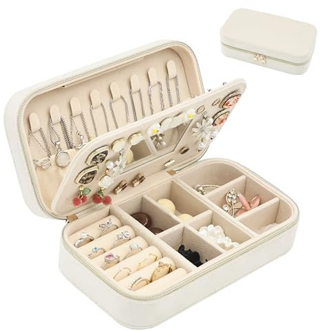 Boxudeli Schmuckkästchen Reise, Schmuckkästchen Klein aus Samt mit Spiegel für Mädchen und Frauen, tragbarer Schmuckaufbewahrungs-Organizer für Ohrringe, Ringe und Halsketten (Beige)