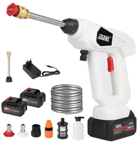 Pulitore ad alta pressione, 48 V, max 35 bar, idropulitrice portatile con 2 batterie, tubo da 5 m e caricabatterie, per auto, terrazza, finestra, prato (con 2 batterie da 5600 mAh, bianco)