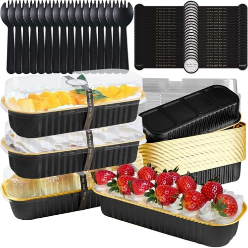 50Pcs Mini Loaf Pans with Lids and Spoons, 200ml Thickened Tinfoil Cake Boxes with Sticker, Non-Stick Heat Resistant Aluminum Mini Loaf Tin, Rectangular Food Loaf Pans for Cakes,Durian,Party Et