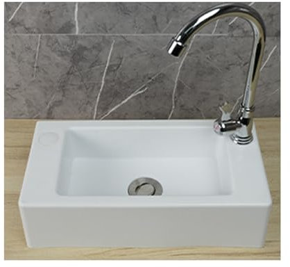 XRB2050 Lave Main Blanc, 16x8x4inch Lave Mains Rectangulaire Plastic avec Kit de Drainage, Lave Main Comptoir | Montage Mural Pour Salle De Bain WC Vestiaires ou Buanderies C Robinet Froid Simple