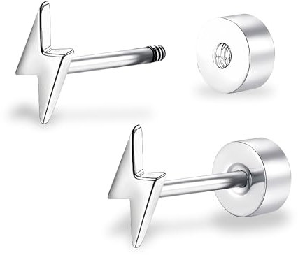ZDE Titanium Women Flatback Earrings Celestial Lightning Bolt Stud Earrings 5mm Flat Back CZ Earrings Hypoallergenic Cartilage Flatback Earring Tragus Helix Tragus Conch Piercing (Silver)