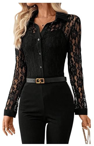 GORGLITTER Women's Floral Lace Sheer Button Down Blouses Long Sleeve Collared Elegant Shirts Top Black Small