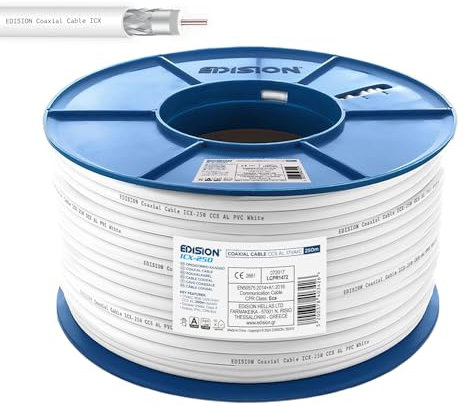 Edision ICX-250 Cable Coaxial 250m, Cable Antena TV Interior PVC Blanco, Acero Cobreado CCS/AL, 17VAtC, CPR Eca, Clase A, Cable Satélite, para DVB-S2, DVB-T/T2, DVB-C, RADIO, Bobina Plástico 250m